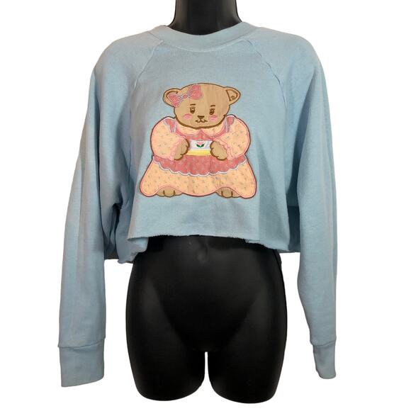 Cropped Sweatshirt Teddy Bear Applique Embroidery Light Blue Retro Vintage - Picture 3 of 10